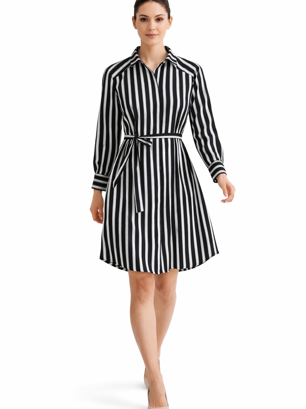 Express Black White Striped Shirt‎ Dress Belted Long Sleeve S